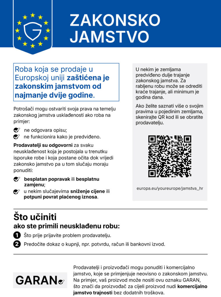 Usklađena obavijest EU o zakonskom jamstvu: najmanje 2 godine jamstva za nedostatke proizvoda